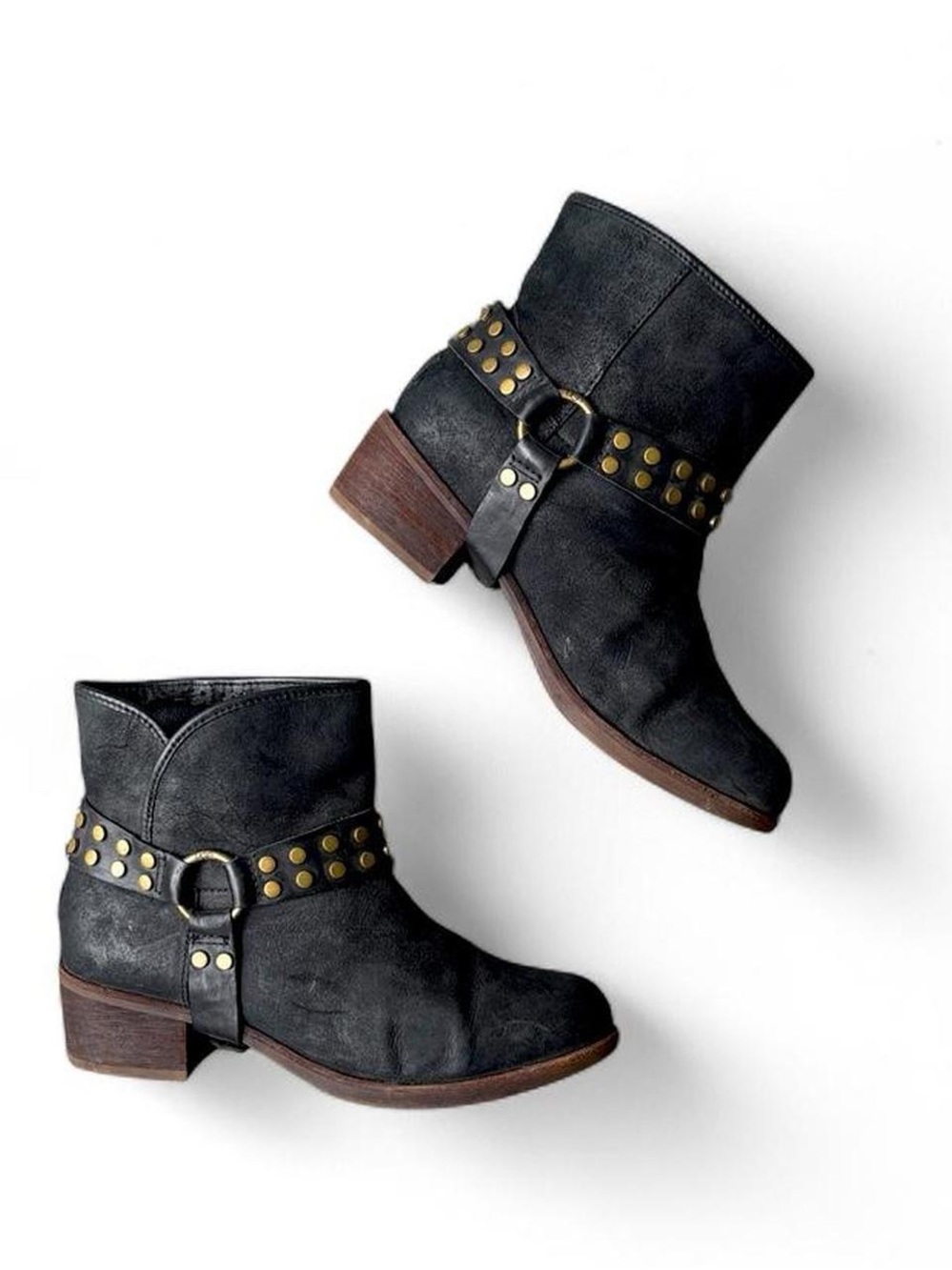 UGG black leather suede ankle harness boots with gold studs 7.5 biker western